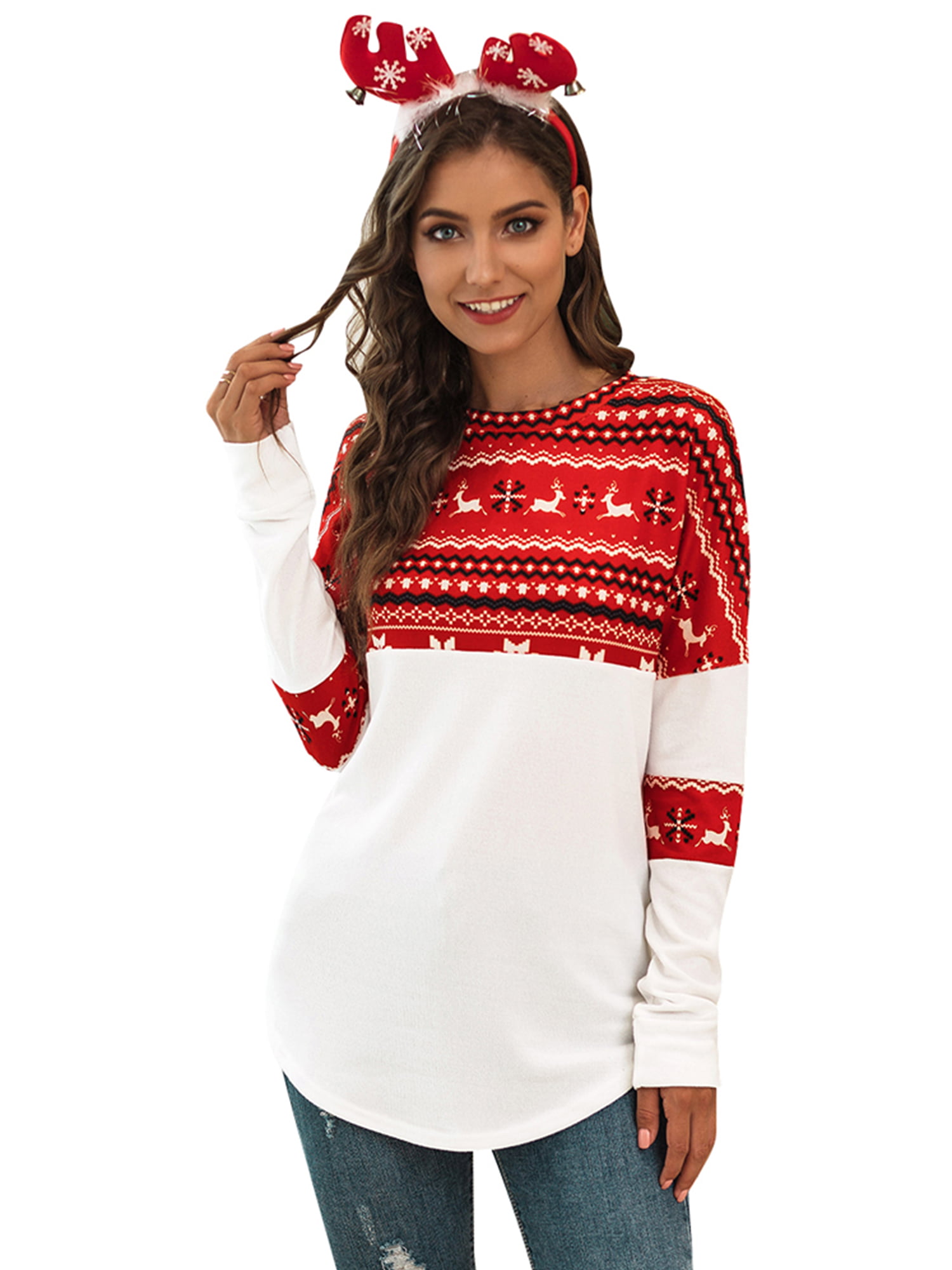 Christmas Tunic Shirts for Women Christmas Snowflake Christmas Tree Gradient Long Sleeve Shirts Casual Crewneck Tops