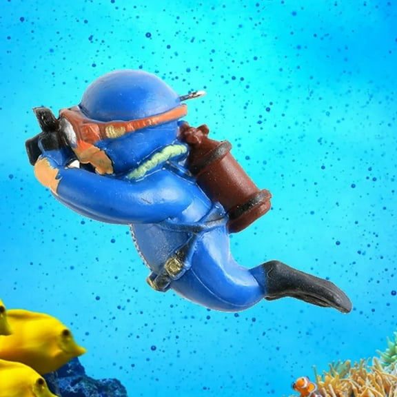Floating Scuba Diver Decor with Camera, Blue Aquarium Figurine PVC Doll, Suspended Underwater Ornament, Small Fish Tank Decoration