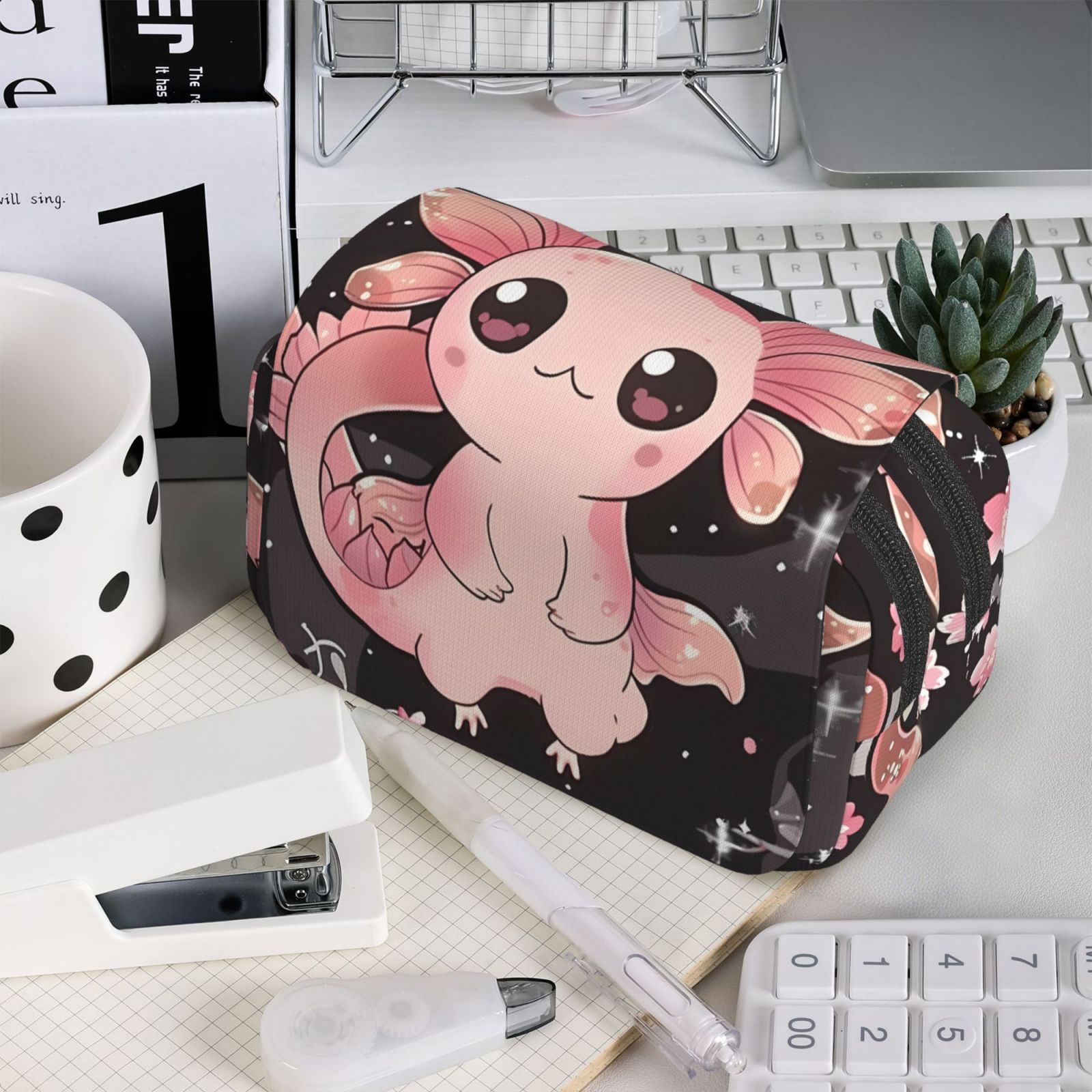Rateoe Cute Axolotl Sakura Blossoms B Pattern Double Clamshell Pen Case, Storage Organizer with Two Zipper Compartments– Holds Up to 50 Pencils & Pens