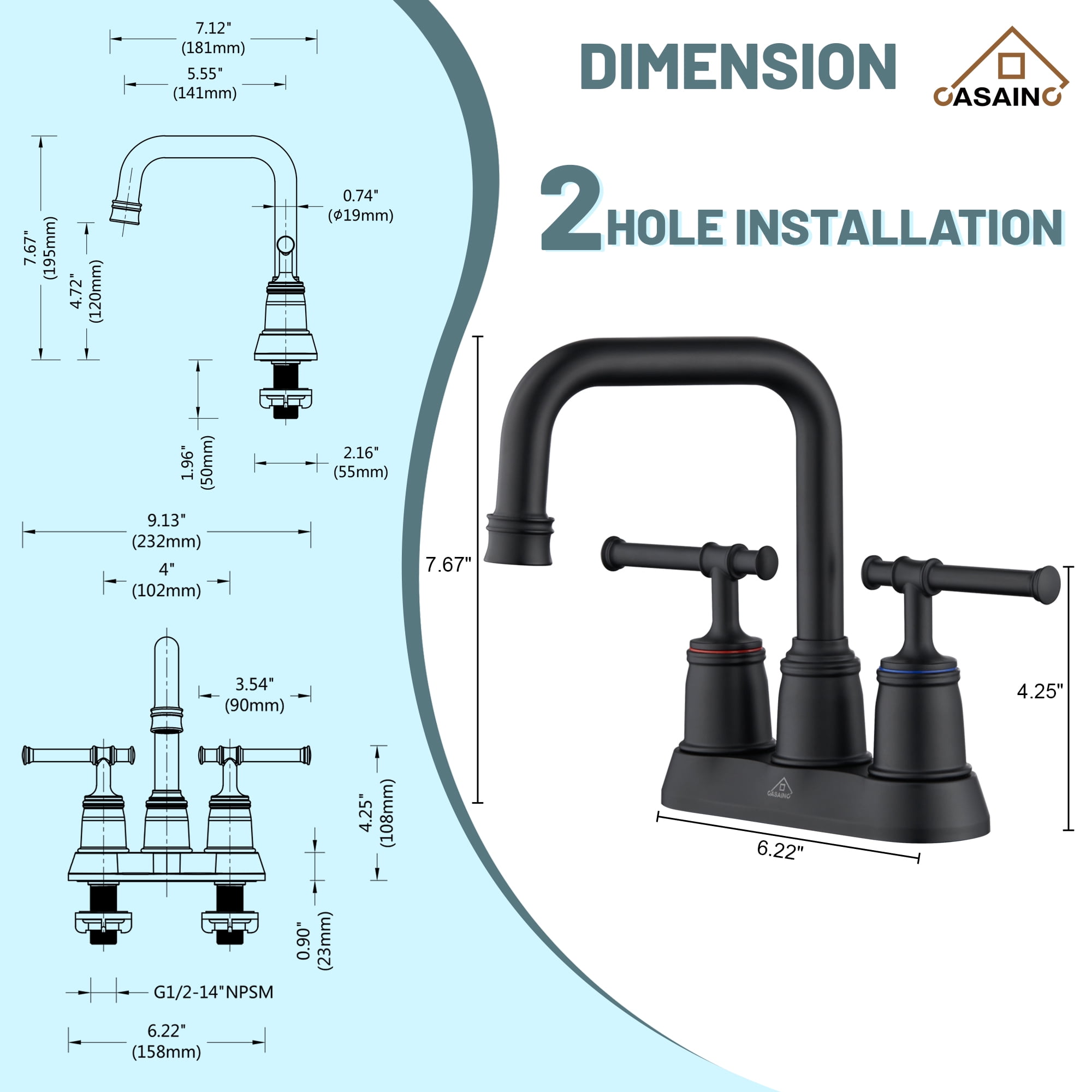 CASAINC 4 in. Centerset Double Handle 2 holes Bathroom Sink Faucet Lavatory Faucet with Stainless steel Drain in Matte Black