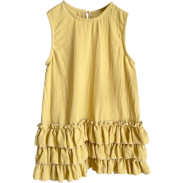 YOUSNH Robe en Coton et Lin pour Enfants Robe Sans Manches Robe Princesse Robe de Mode pour Petites Filles de 1 à 6 Ans Robes pour Filles Jaune 5-6 Ans