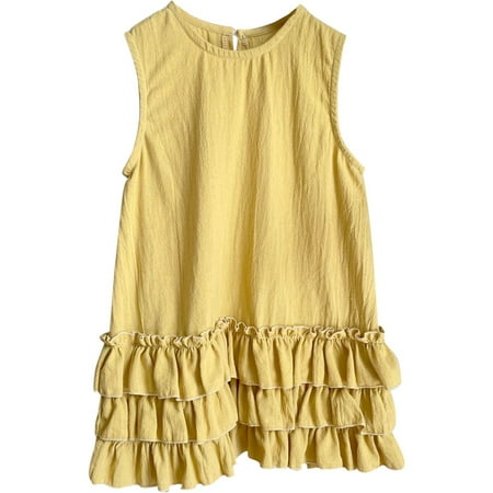 

BSDHBS Girls Dresses Linen Lace Dress Vest Sleeveless Princess Fold Layering at the Hem Dress Yellow Size 120