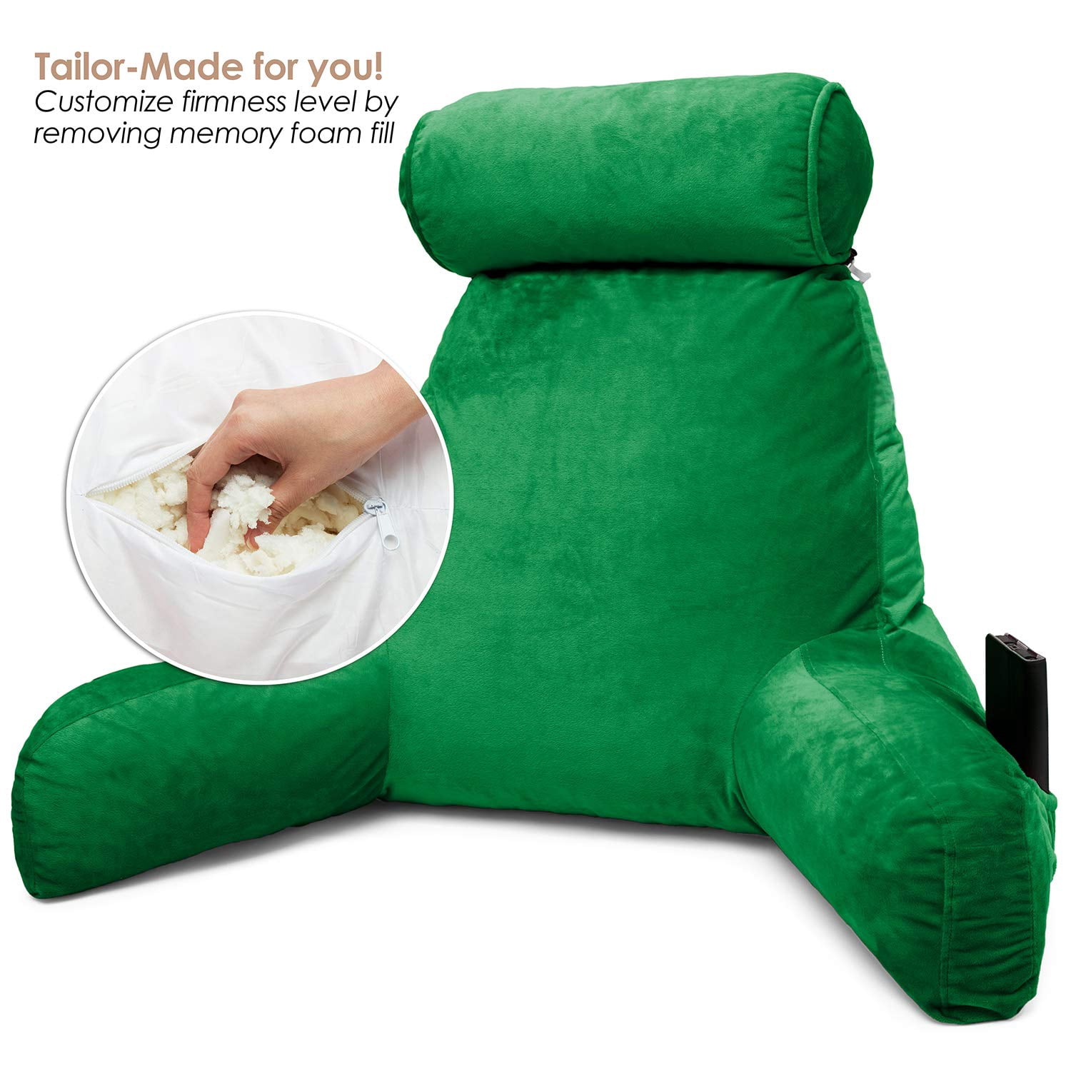 Clara Clark Bed Rest Pillow with Arms and Pockets, Detachable Neck Roll, Large, Green