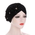 thumbnail image 5 of Dress Choice Women Solid Color Stretch Turbans with Three Flowers Decoration Head Beanie Cover Twisted Pleated Headwrap Breathable Hair Cover Beanie Hats for Women Girls, 5 of 8