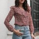 thumbnail image 2 of Blusa de manga larga con cuello en V floral pequeño con volantes sueltos para mujer Pompotops  FGAJ14508, 2 of 9