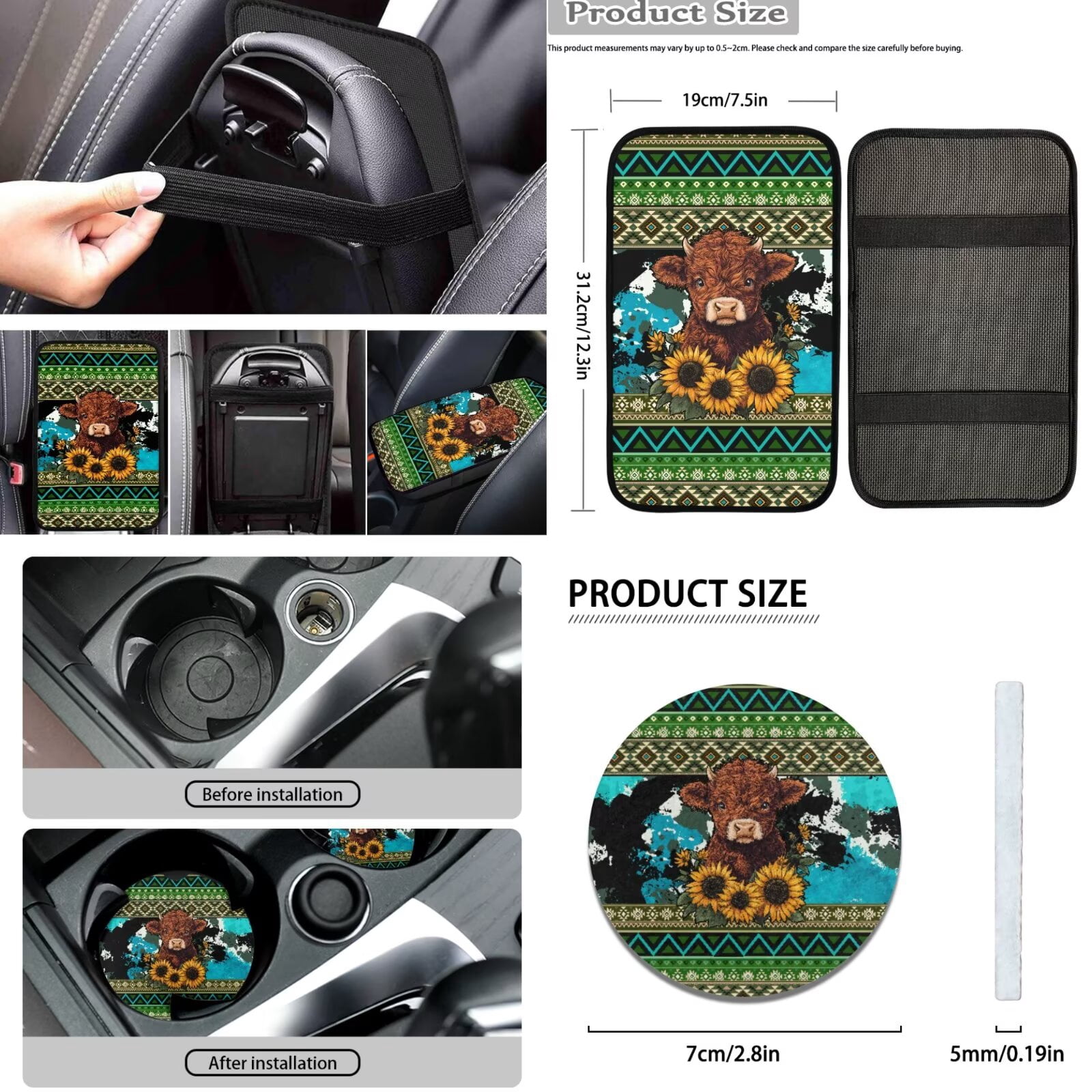 FKELYI 16 Pcs Auto Interior Set Car Seat Covers with Steering Cover Seat Belt Pads American Tribal Sunflower Highland Cow Print Armrest Pad Coasters Handbrake Covers Gear Shift Knob Sleeve
