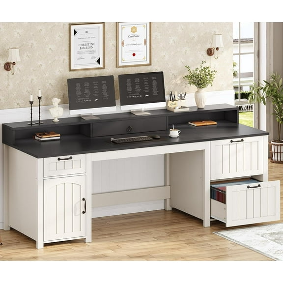 SEDETA Farmhouse 63" Executive Desk, Home Office Desk with File Drawer and Monitor Stand, Computer Desk with Drawers and Storage Cabinet, Wood Desk for Work Study Writing, White