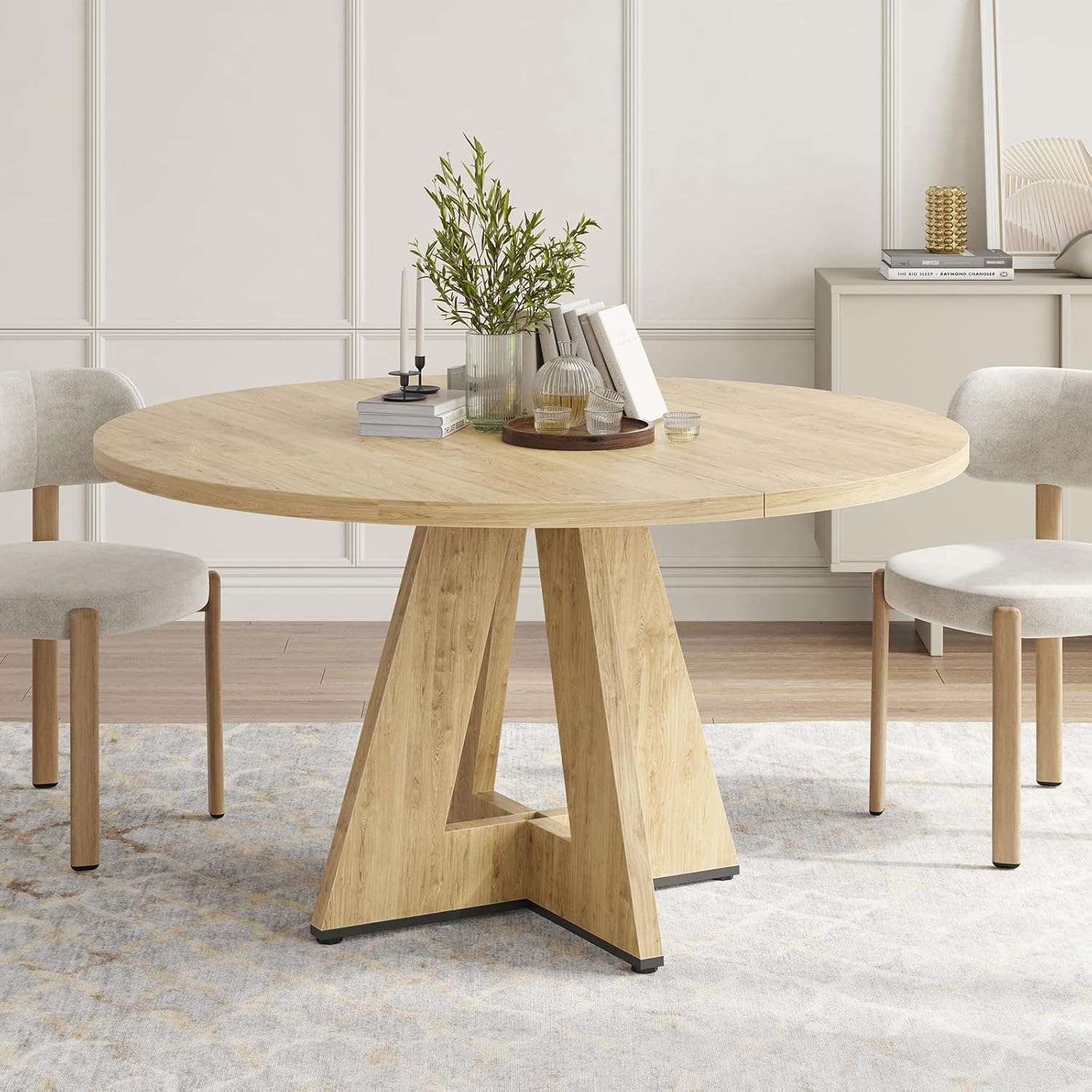 Farini 47" Round Dining Table,Wooden Kitchen Table with Metal Base, Seats 4–7, for Dining Room, Kitchen & Living Room, Natural