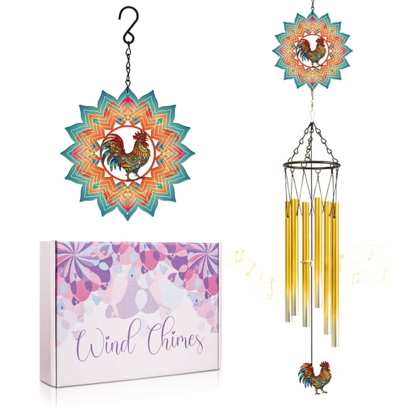 topjuju 28" Chicken Wind Chimes with 360° Spinner, Metal Wind Chimes for Outside, Rooster Decor for Farm Garden, Housewarming/Birthday/Festival Gifts for Parent Grandma, Memorial Sympathy Windchime
