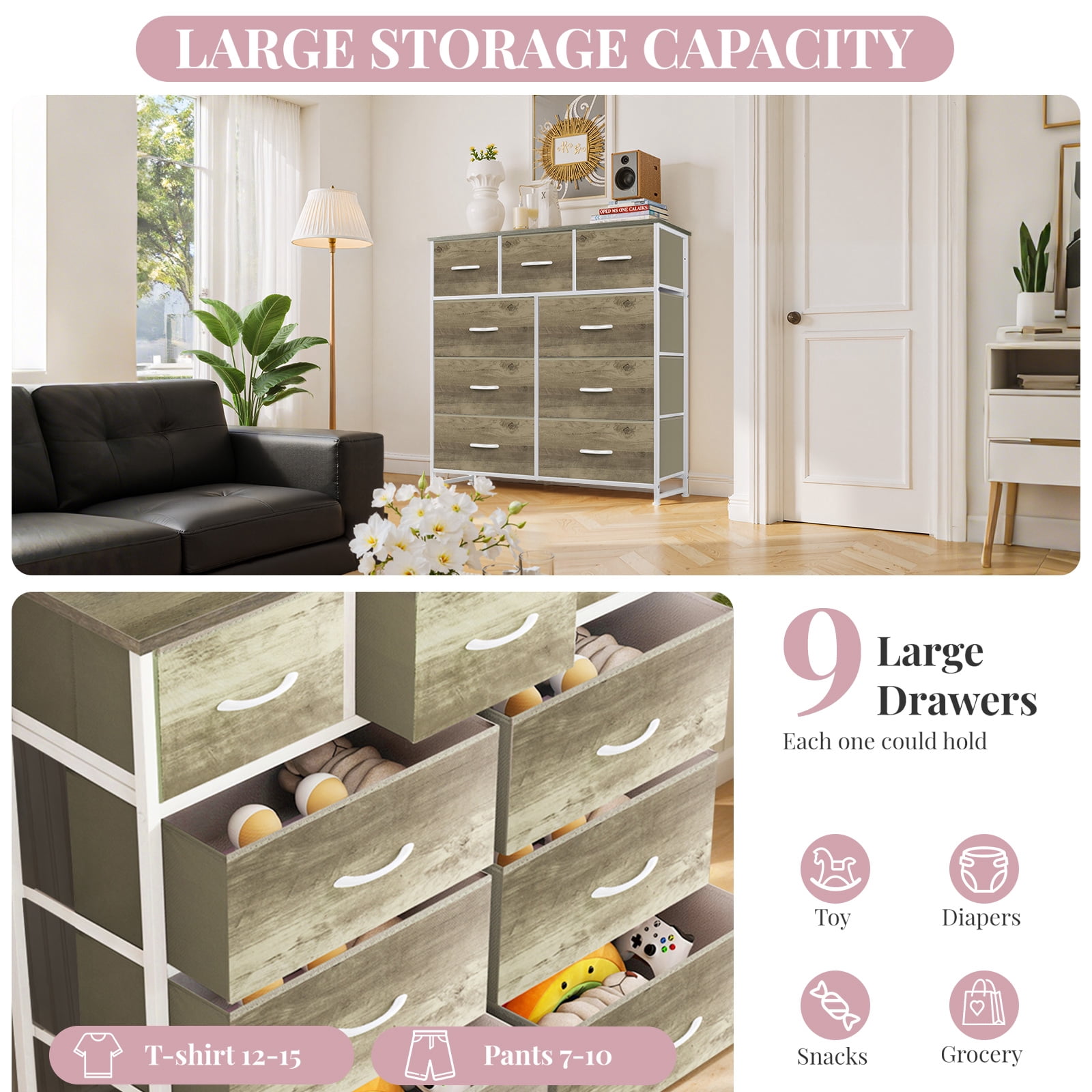 Dresser, Betcozy Storage Organizer with 9 Drawers for Bedroom, Chest of Drawer with Sturdy Metal Frame, Wood Top for Closet, Nursery,Smoked ash