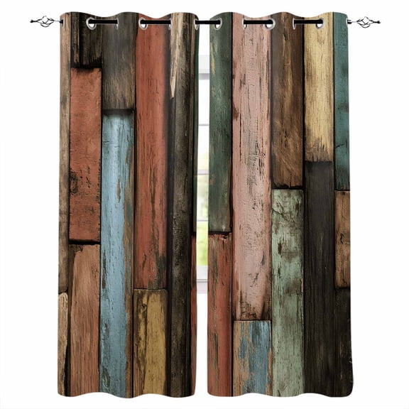Vintage Wood Grains Blackout Curtains for Bedroom/Living Room, Thermal Insulated Kitchen Curtains, Farmhouse Colorful Wooden Texture Grommet Darkening Window Treatment Drapes 27.5"x39"x2