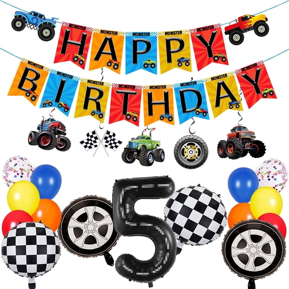 HTM Party Monster Truck 5th Birthday Party Decorations Set Race Car Theme with Banner, Hanging Swirls, Foil and Latex Balloons, 40 Pcs