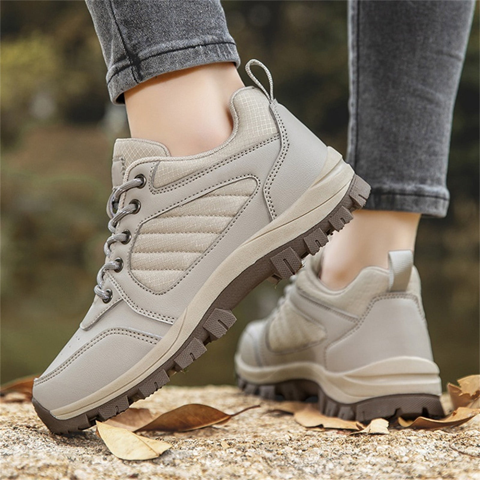 XIMIN Men Women's Hiking Boots Lightweight Breathable Non-Slip Waterproof Casual Low-Top Sneakers for Trailing Trekking Outdoor Leather Walking Shoes (8, Beige)
