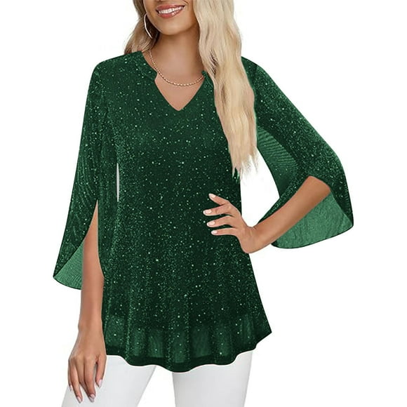 AUNVITO Women's Gold Foil V-Neck Mesh 3/4 Sleeve Party Blouse with Sheer Elegance and Shimmering Glamour