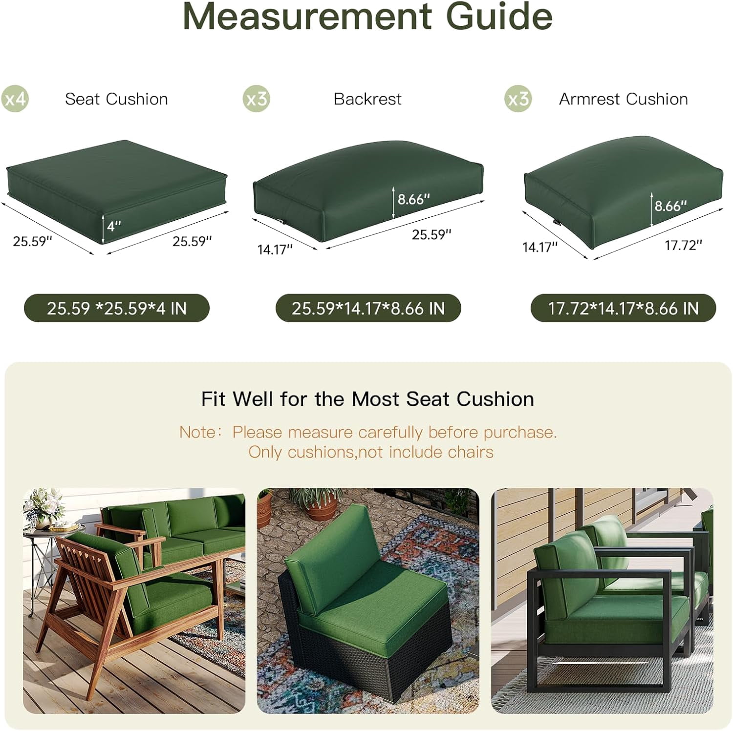 Patio Furniture Replacement Cushions for Outdoor Furniture Set of 4, Thick Patio Sofa Cushions for Outdoor Furniture, 9-Piece Splashproof Fade Resistant Cushions for Outdoor Couch, Green