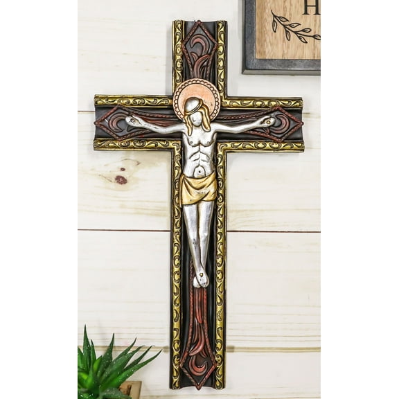 Catholic Tooled Gold Silver Abstract Passion Of Jesus Christ Crucifix Wall Cross