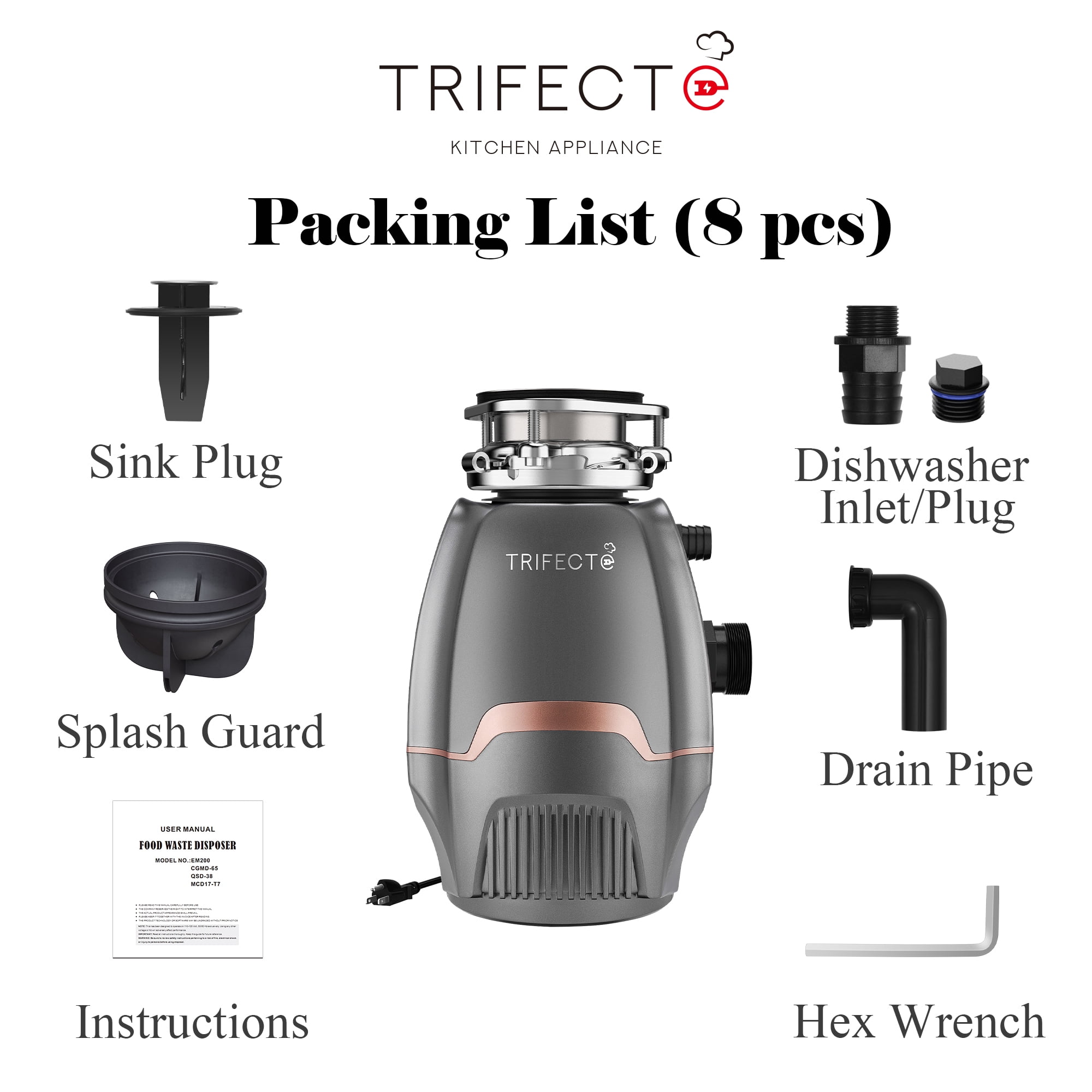 Trifecte 3/4HP Garbage Disposal, 3800RPM DC Motor Continuous Feed Food Waste Disposal with Power Cord