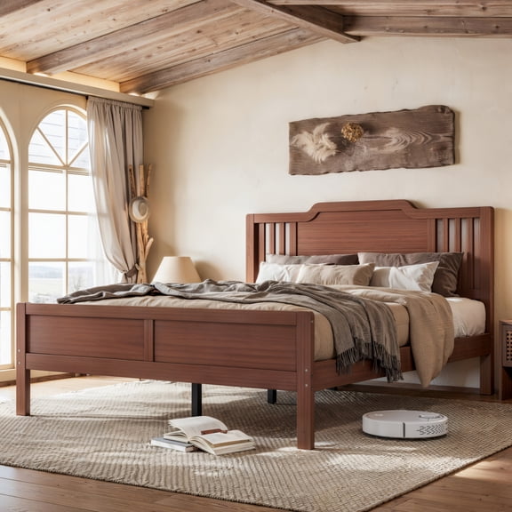 Full Size Platform Bed with Tall Headboard, Solid Bamboo-made Bed Frame with Support Slats, Full Bed Frame for Bedroom, Guest Rooms, Warm Brown