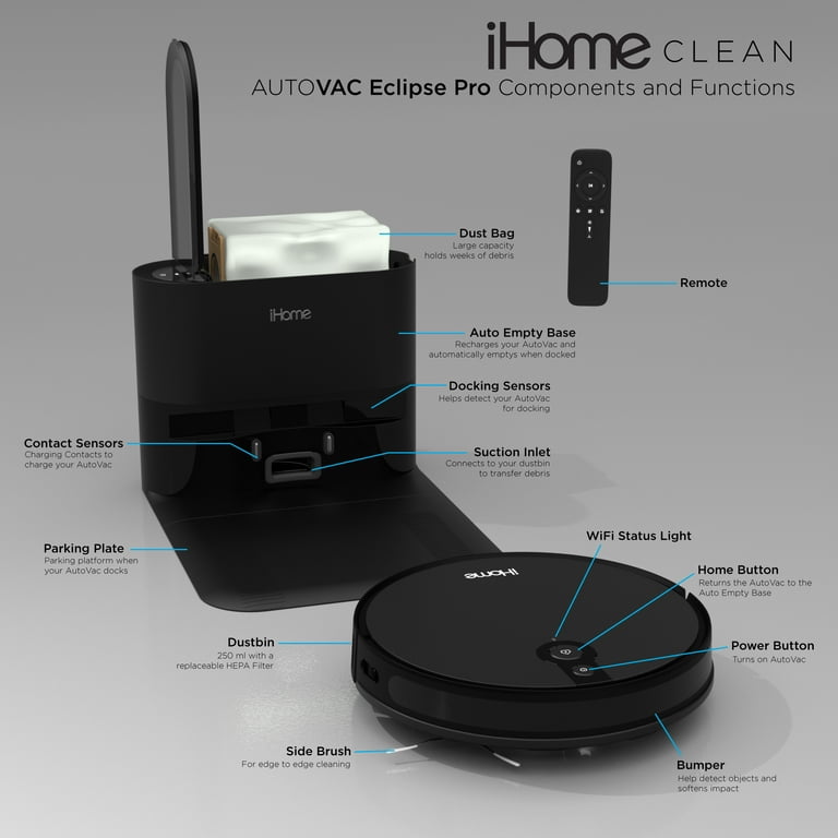 iHome AutoVac Eclipse Pro Robot Vacuum Auto Empty Base Ultra Suction 120 Min Runtime