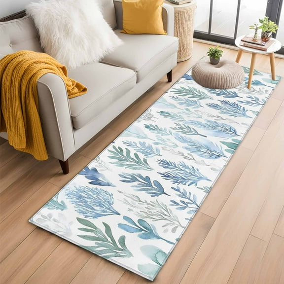 Blue Green Botanical Kitchen Runner Rug 2x6 Washable Runners for Hallway Non Slip Retro Summer Watercolor Leaf Plant Large Area Rug Indoor Floor Carpet for Bathroom Laundry Entryway Bedroom