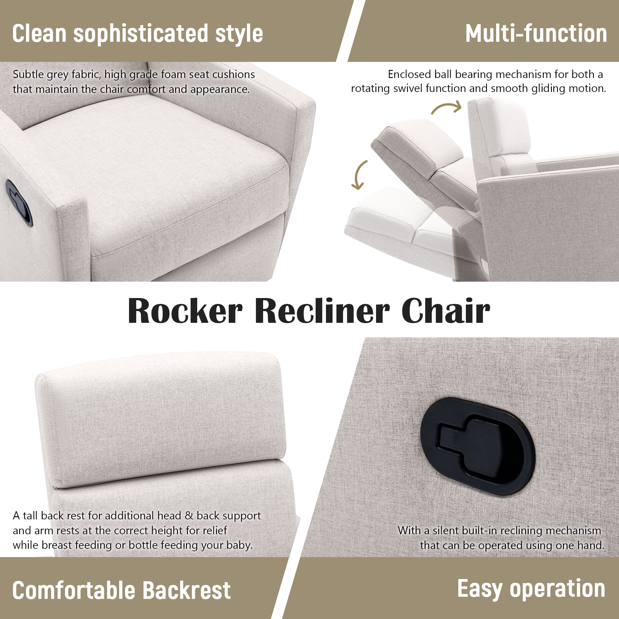 Aukfa Swivel Recliner Chair Rocker Nursery Chair Lounge Chair for Living Room Bedroom,Tan