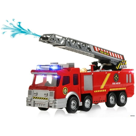 Memtes Electric Fire Truck Toy with Lights and Sirens Sounds, Extending Ladder and Water Pump Hose to Shoot Water, Bump and Go