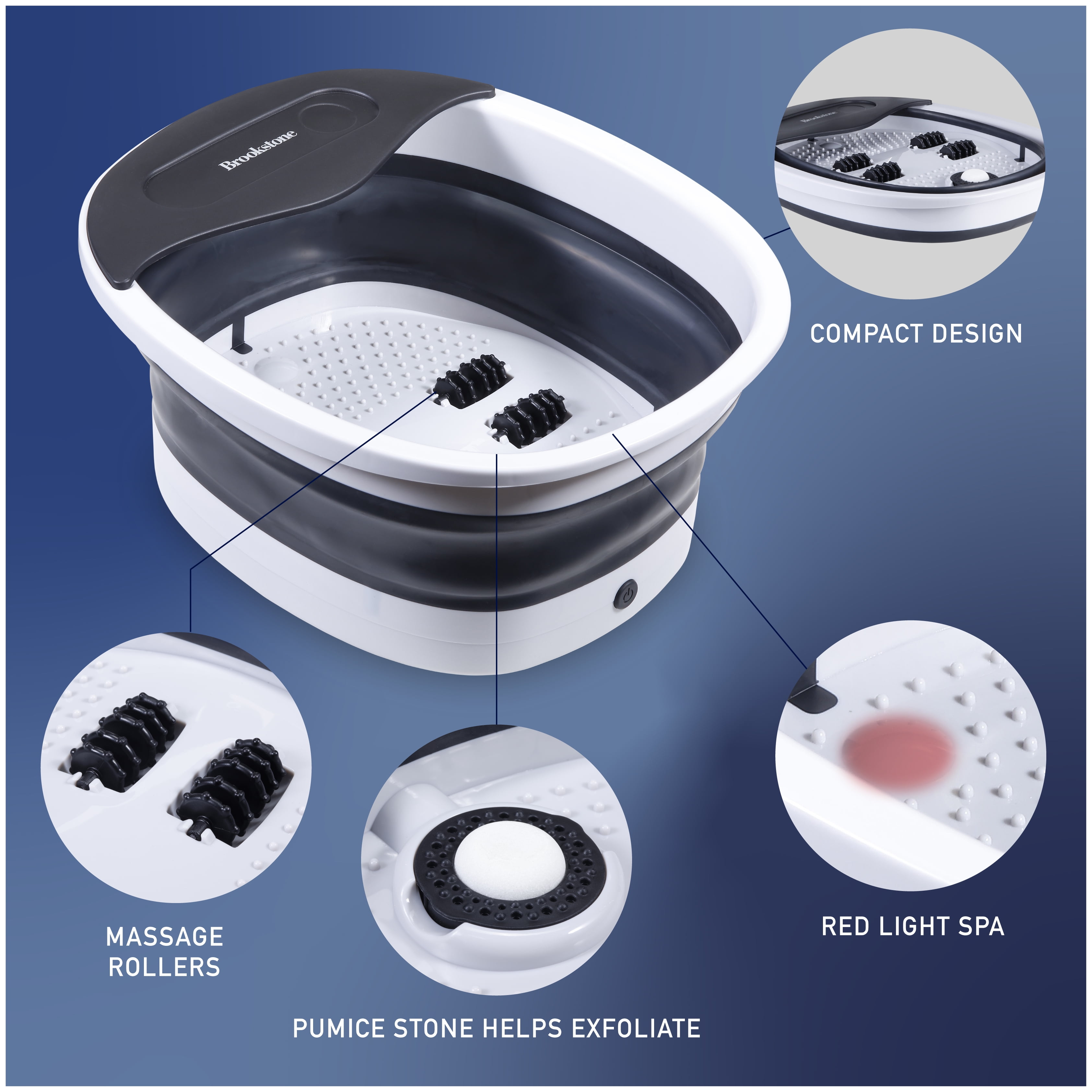 Brookstone Collapsible Electric Footbath with 4 Massage Rollers, Vibration Massage, Pumice Stone & Red Light Spa – Portable Foot Spa