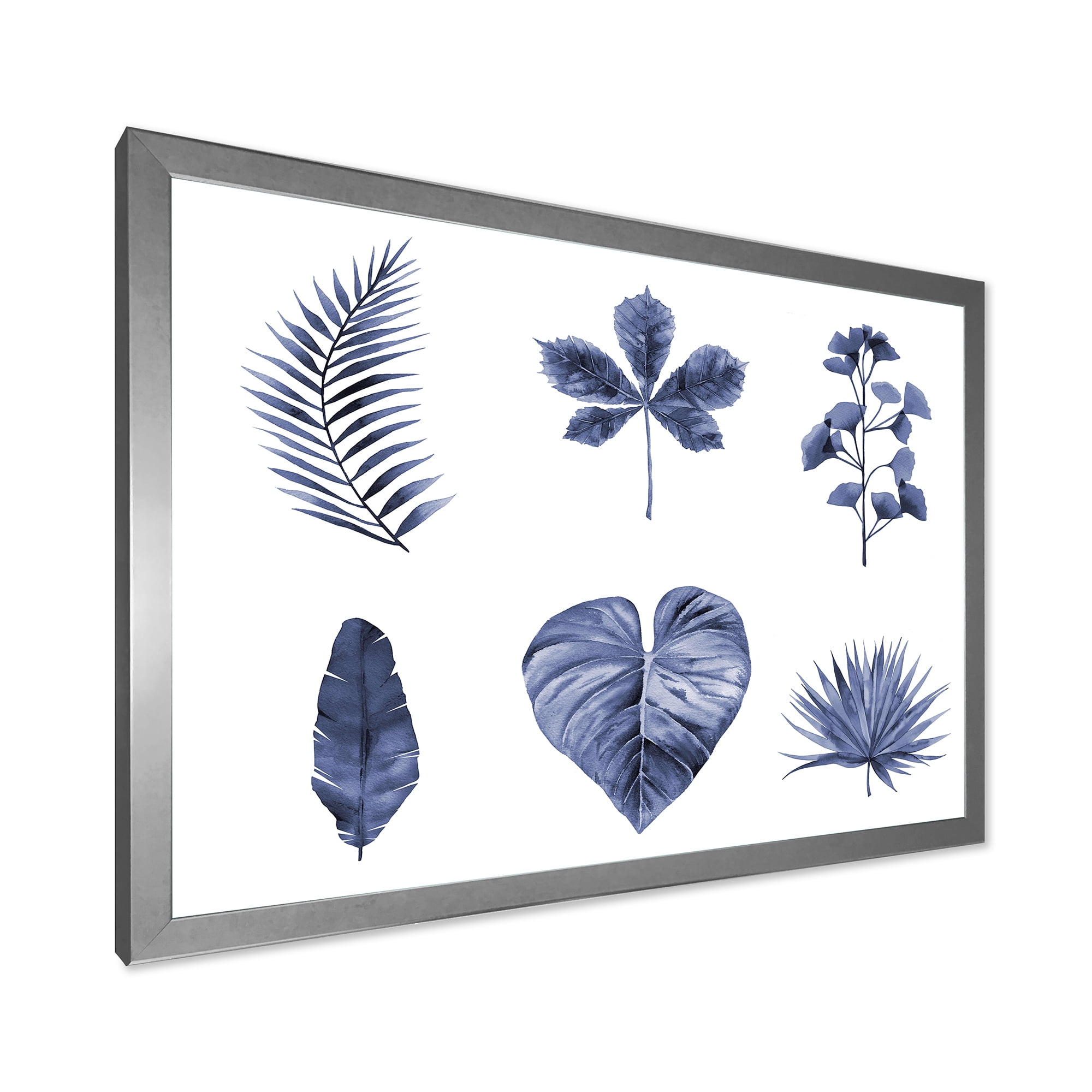 Designart 'Abstract Set Of Plant Leaves Blue' Traditional Framed Art Print