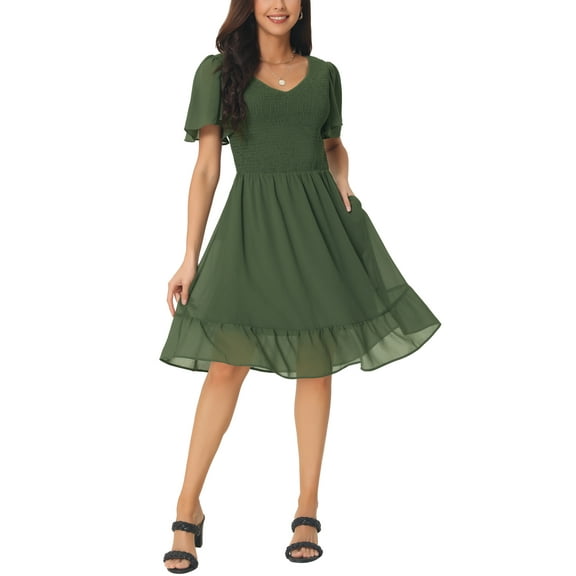 INSPIRE CHIC Women's Midi Flowy Chiffon Dresses Summer Smocked V Neck Flutter Short Sleeve Ruffle Casual Mini Dress Army Green S
