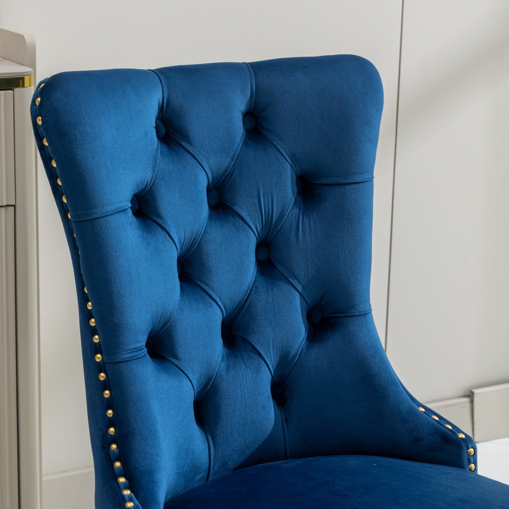 BSHTI 37.5" Velvet Upholstered Dining Room Chairs Set of 2, Modern Tufted Parson Chairs with Nailhead Trim, Foam Padded Seat for Dining Room/Kitchen(Blue)