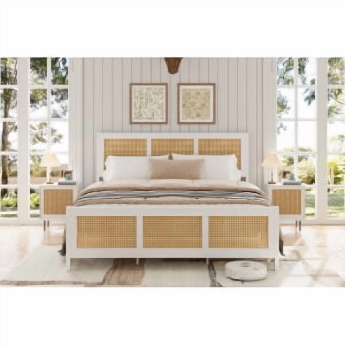 Queen Size Bed Frame with Headboard - Boho Rattan Platform Bed Frame with Reinforced Metal Slats | No Box Spring Required | Sturdy Noise-Free Design for Quiet Sleep | Easy Assembly Modern Bedroom Furn