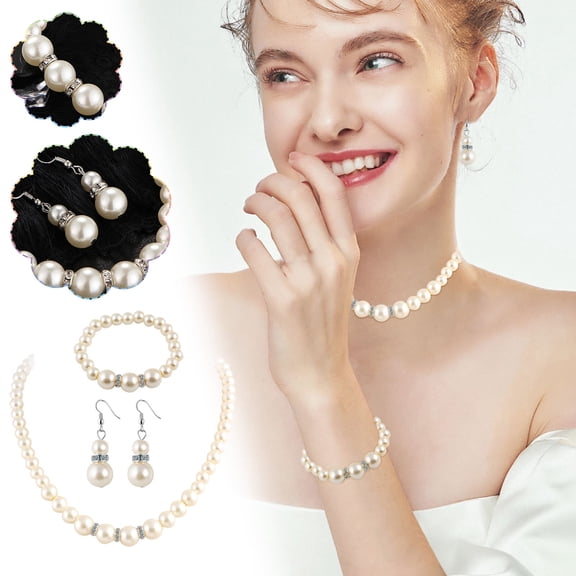 HOARBOEG Faux Pearl Jewelry Set for Women, Imitation Pearl Necklace Earrings Bracelet, Vintage Style Choker, Electroplated Alloy, Wedding Valentine's Day Gift