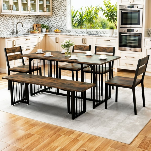 Dextrus 6-Piece Dining Room Set with Bench and 4 Chairs, Farmhouse Dining Table Set for 6 with Metal Frame, Dining Table Set Furniture for Kitchen Dining Room, Brown