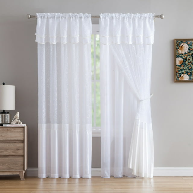 Violette Embroidered Rod Pocket Window Panel With Valance and Backing, White, 55x90 Inches