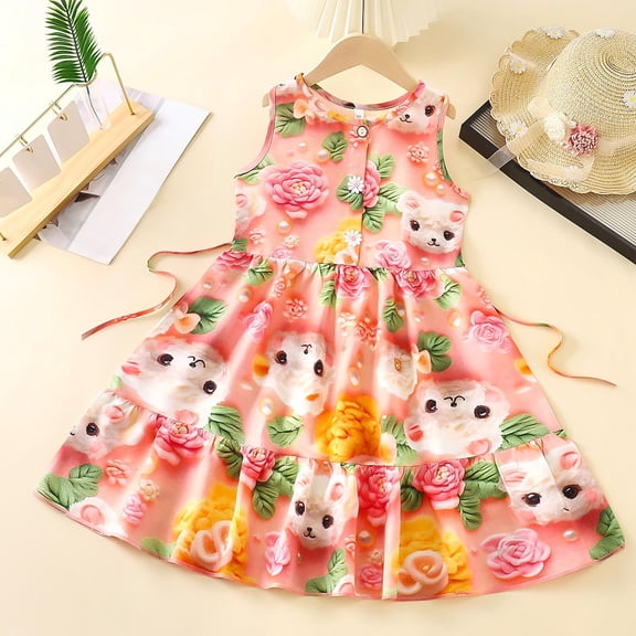 Piuwrlz Girls Summer Dresses Girl Casual Play Dresses Suspender Crew Neck Pleated Skirts Multicolor Size 7 Years