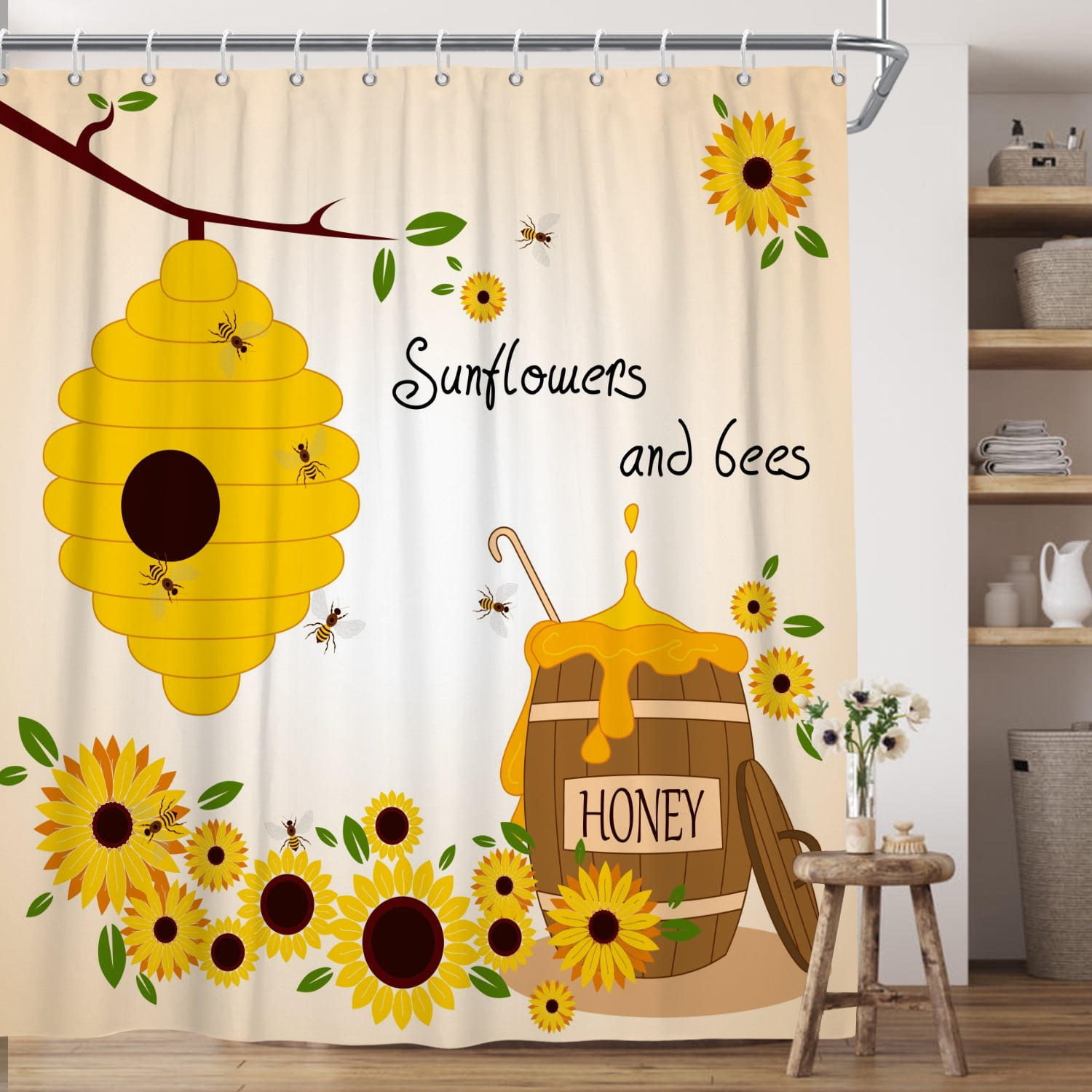Sunflower Shower Curtain, Farmhouse Yellow Floral Bee Waterproof Fabric Bath Curtain，72x72inch