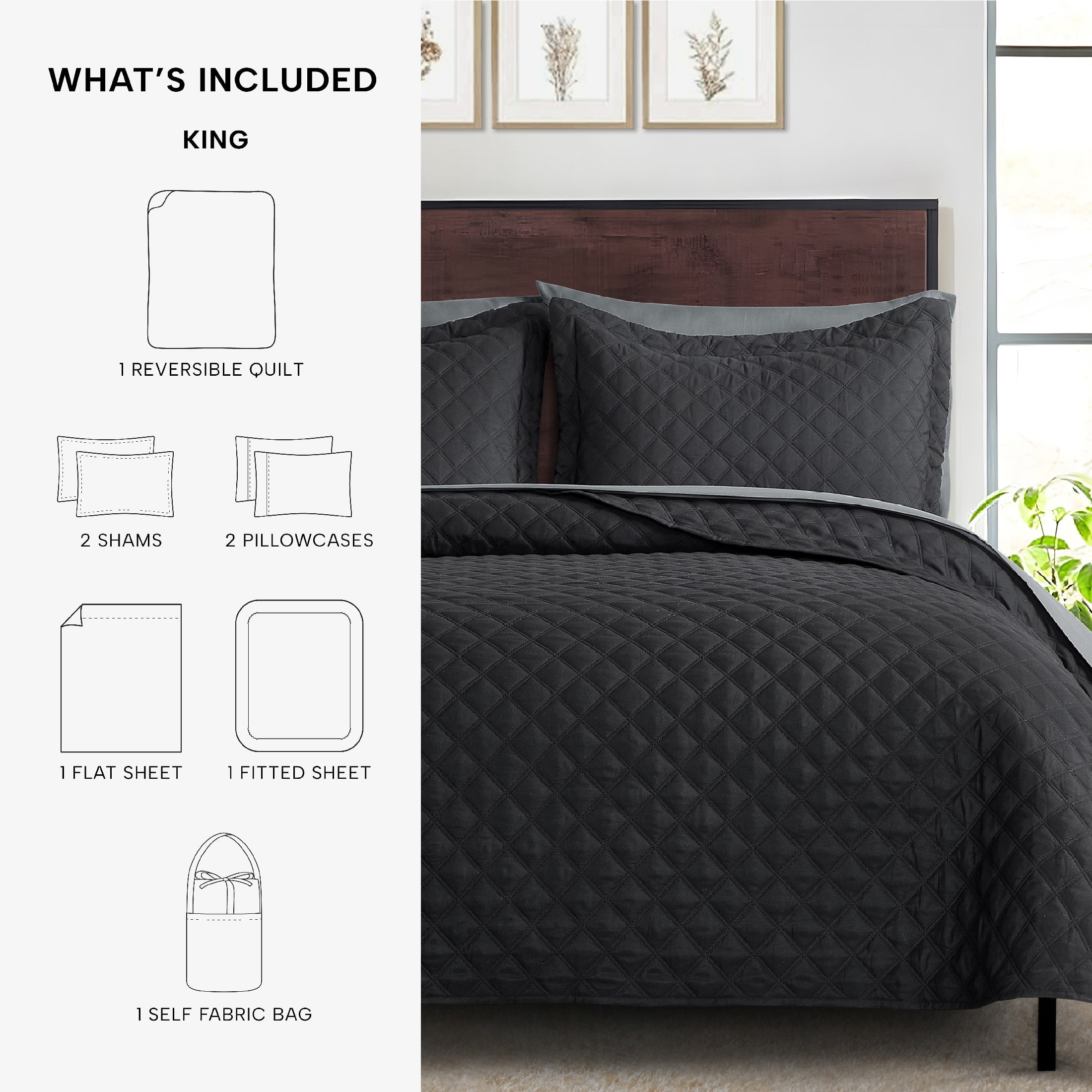 Mainstays All in One Lightweight Quilt Set and Sheet Set -7 Piece, King, Black