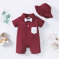 thumbnail image 2 of Kucnuzki Newborn Baby Boy Clothes 9 Months Spring Summer Jumpsuit Bodysuit 12 Months Short Sleeve Gentle Stripe Prints Button-Up Collar Overall Jumpsuit Hat 2PCS Set Red, 2 of 8