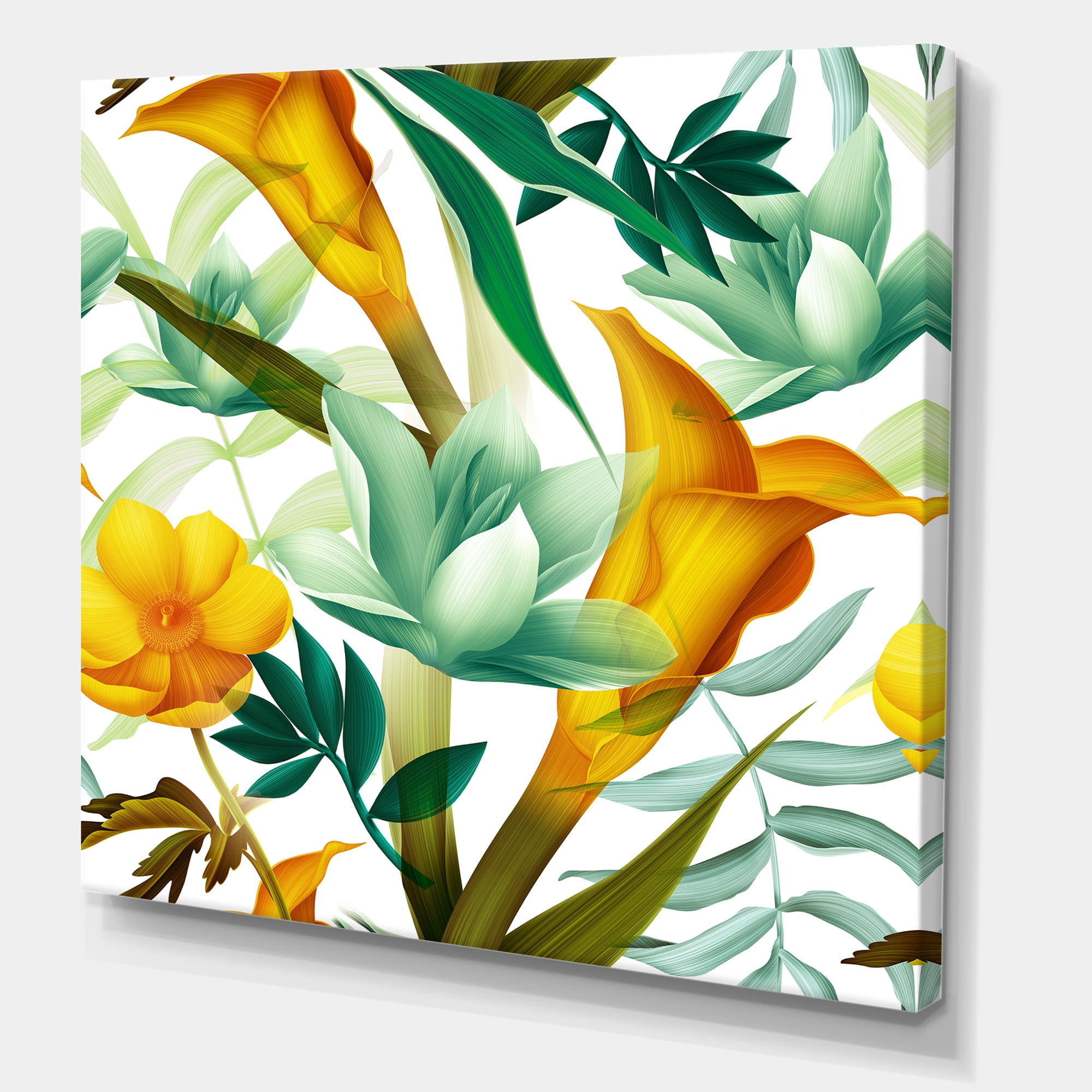 Designart ' Yellow Flowers and Tropical Foliage III ' Modern Canvas Wall Art Print