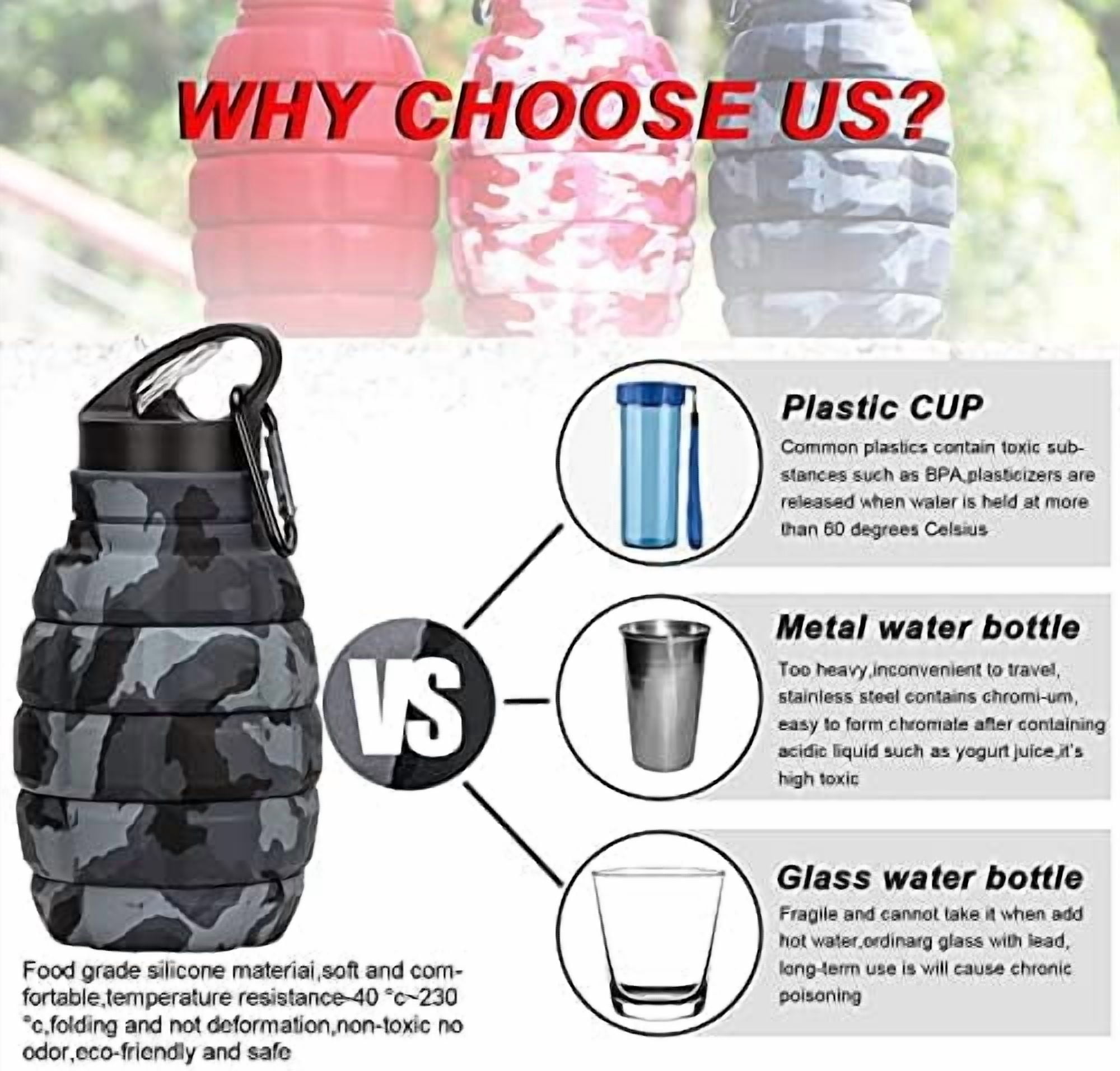 Collapsible Travel Water Bottle19.6 oz, Reuseable Silicone Foldable Water Bottles for School, Office, Gym, Camping,Hiking,Portable Leak Proof Sports Water Bottle with Carabiner (Dark gray camouflage)