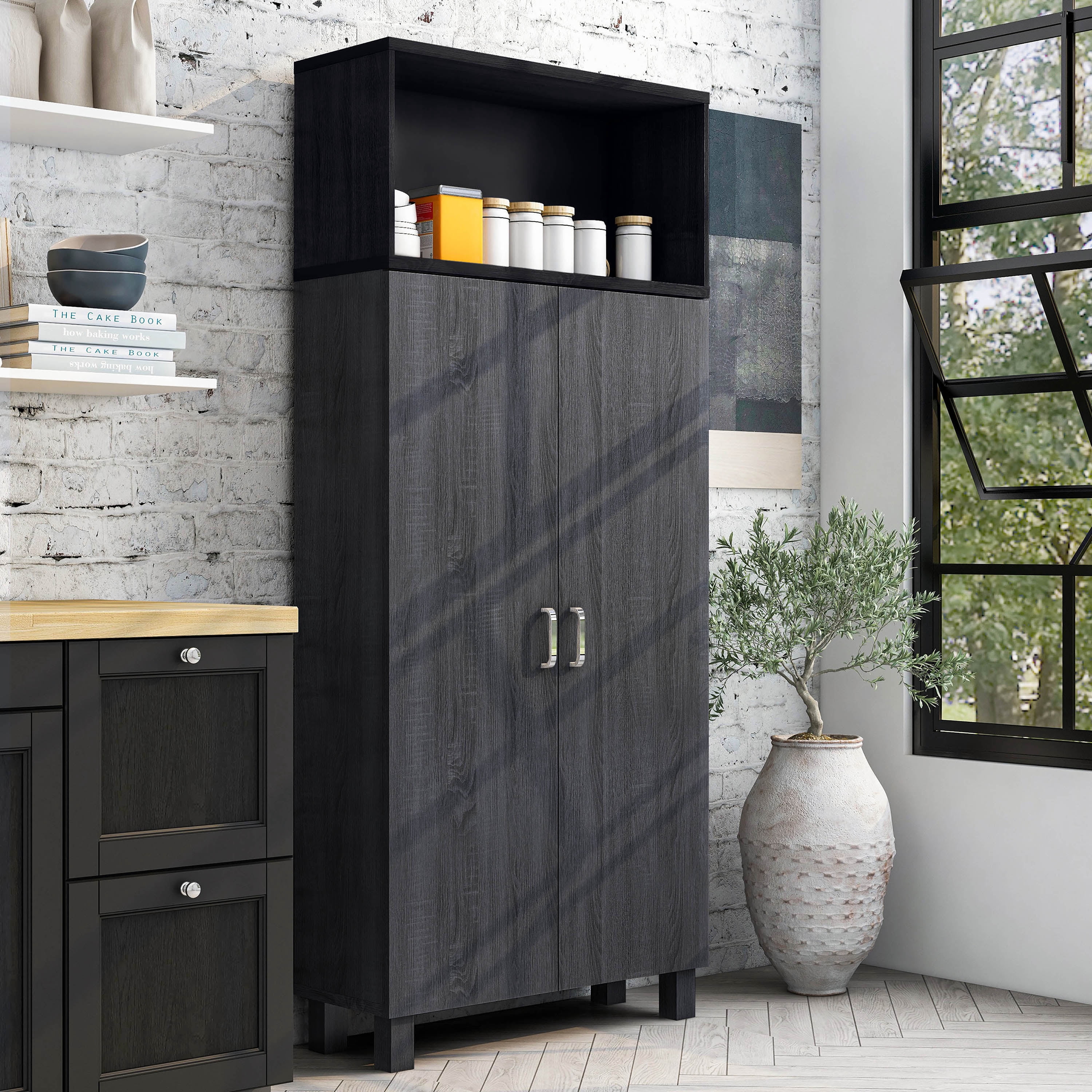 Furniture of America Audie Wood 5-Shelf Pantry Cabinet, Gray and Black