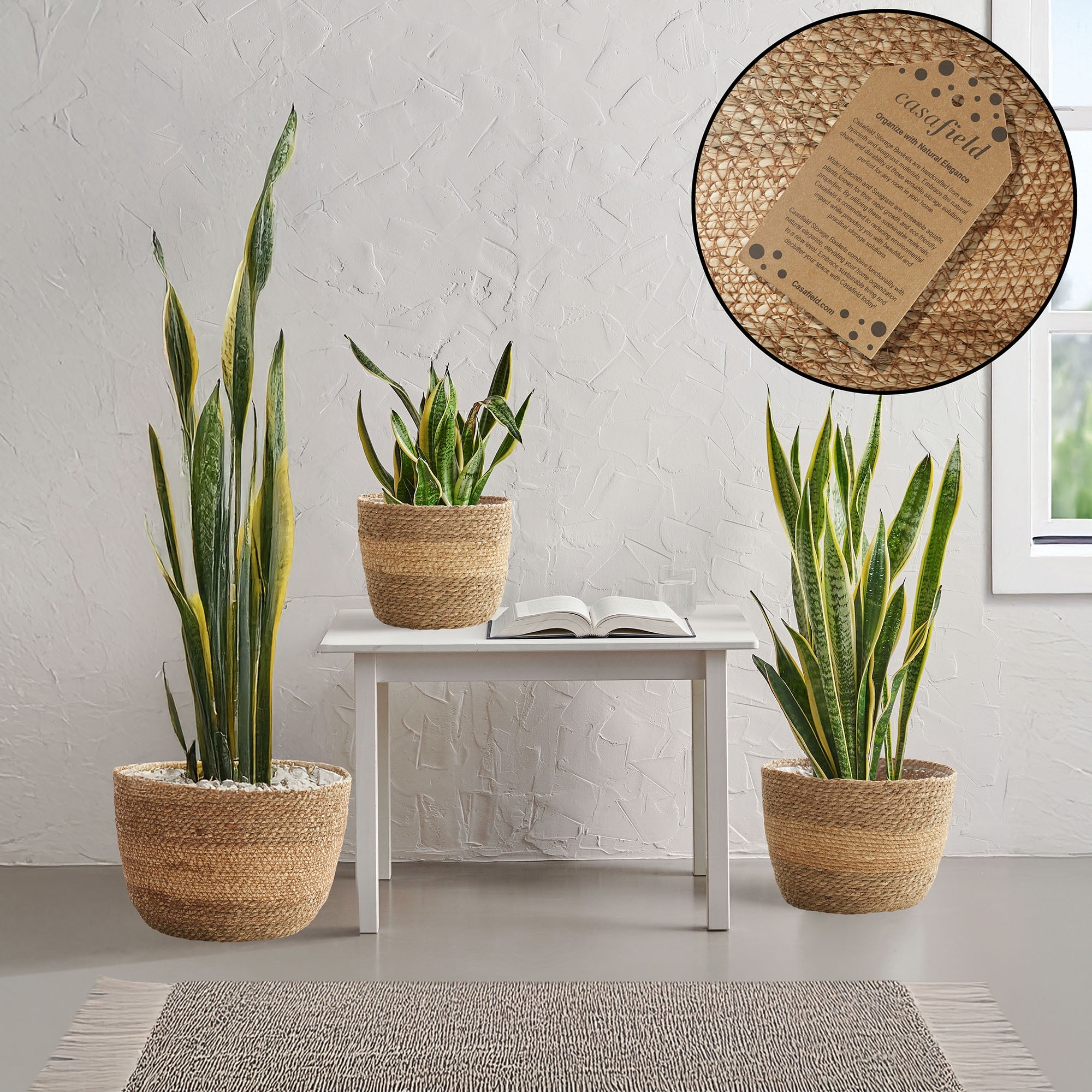 Casafield Set of 3 Seagrass Planter Baskets - Two-Tone, Hand Woven Indoor Flower Pot Covers with Liners for Plants, Succulents, Home Decor