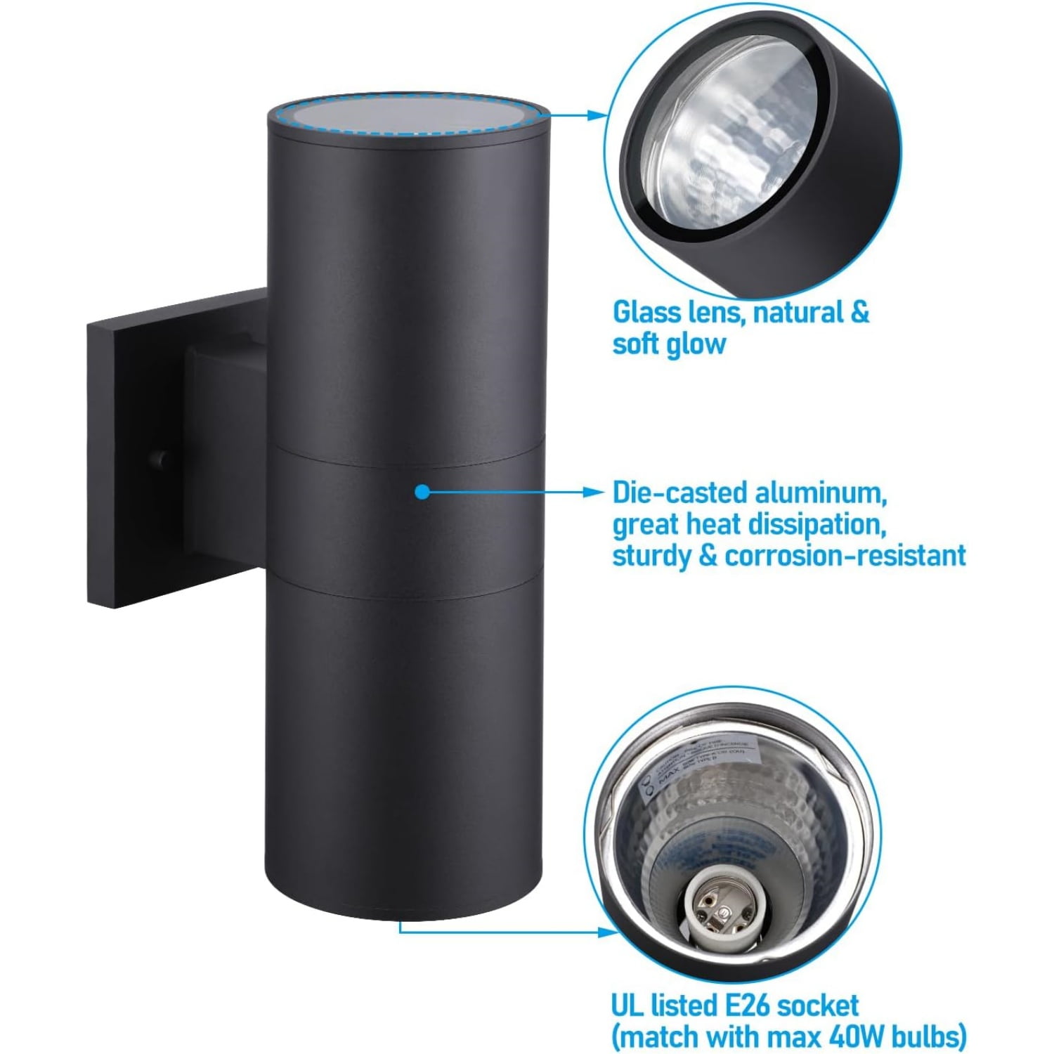 Modern Outdoor Cylinder Wall Lights 12", Porch Light in 2 Lights, Up Down Lights, Matte Black Waterproof Wall Sconce, Aluminum, E26 Base, Exterior Light Fixture Wall Mount, ETL, Pack of 2
