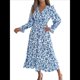 thumbnail image 3 of Vestido de Mujer con Estampado Floral, Cuello en V, Dobladillo con Volantes y Cintura Fruncida. Azul M, 3 of 10