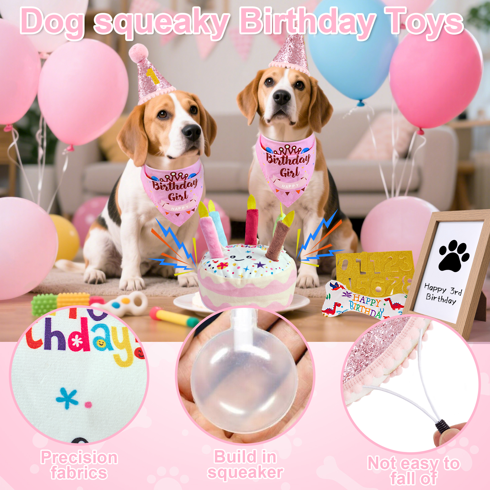 Easy Joy Dog Birthday Toy Set & Decorations for Dogs, Includes Squeaky Cake Toy, Plush Bones, Birthday Hats, Bandana, Paw Print Kit & Photo Frame. Dog Birthday Gift Supplies, Pink