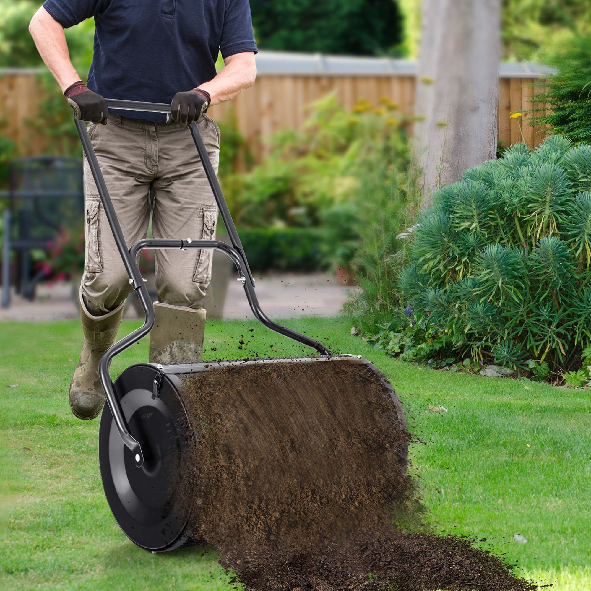 Costway 24" Peat Moss Spreader Compost Spreader with Upgrade Side Latches & U-shape Handle Black