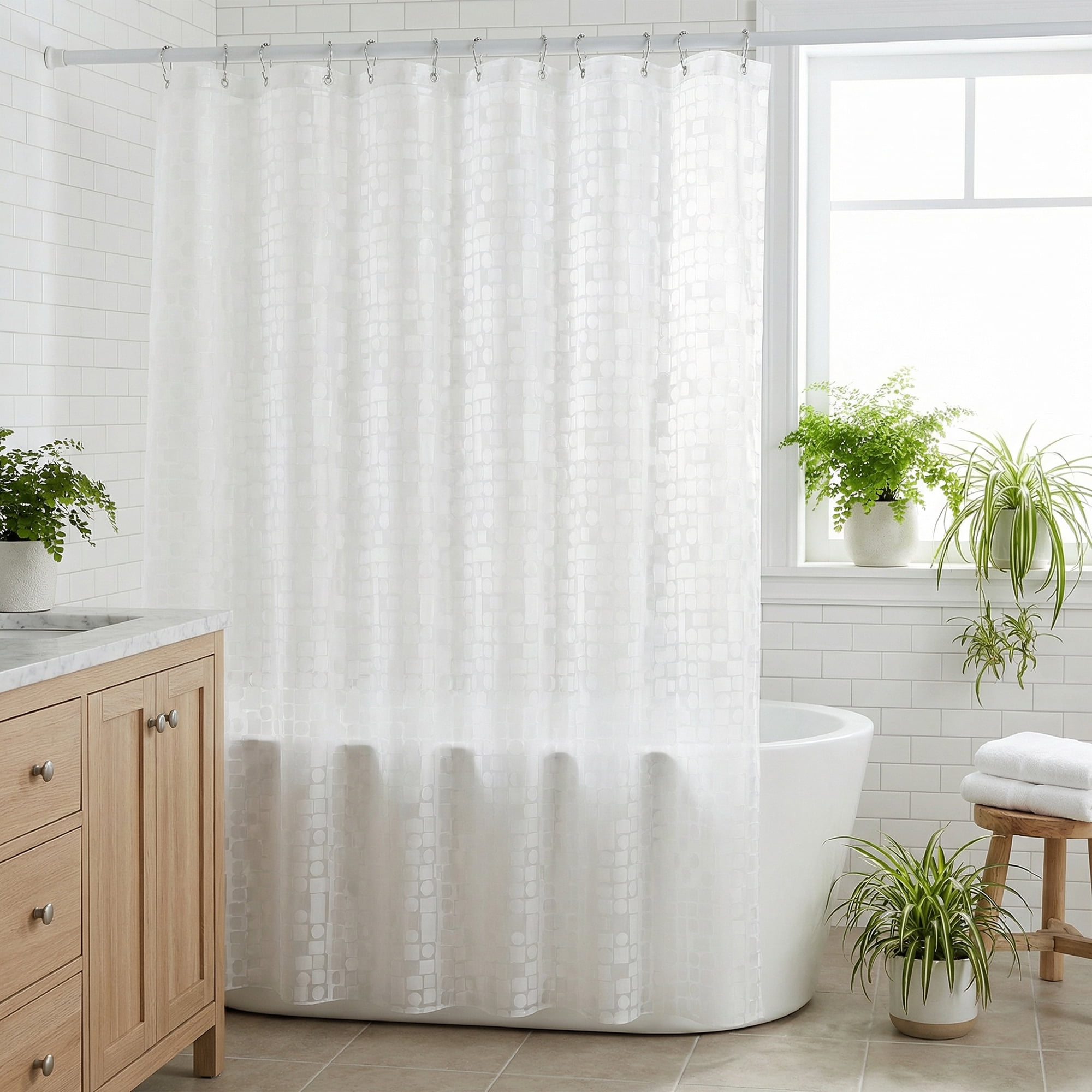 Unique Bargains Semi-Transparent Waterproof Bath Curtain with 12 Hooks White 71"W x 71"L