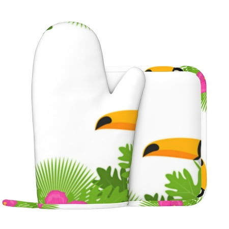 

landscape of flowers plants and bird toucan Oven gloves pot clamp set anti slip cooking gloves kitchen gloves microwave grill washable and heat-resistant left hand oven gloves