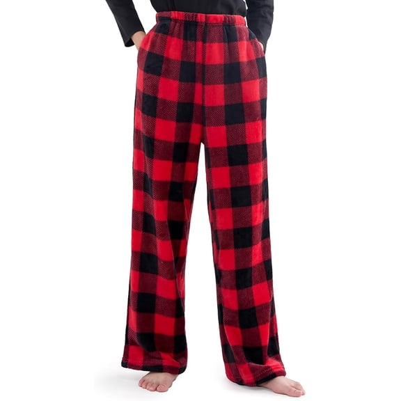 Joyfy Soft Flannel Boys Pajama Pants, Long Lounge Pj Bottoms with Pockets & Elastic Waist Plaid