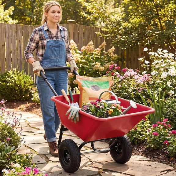 Garden Wheelbarrow Utility Cart, dual-wheel design, pneumatic tires, 21 gallon bin, 330 lbs capacity, red
